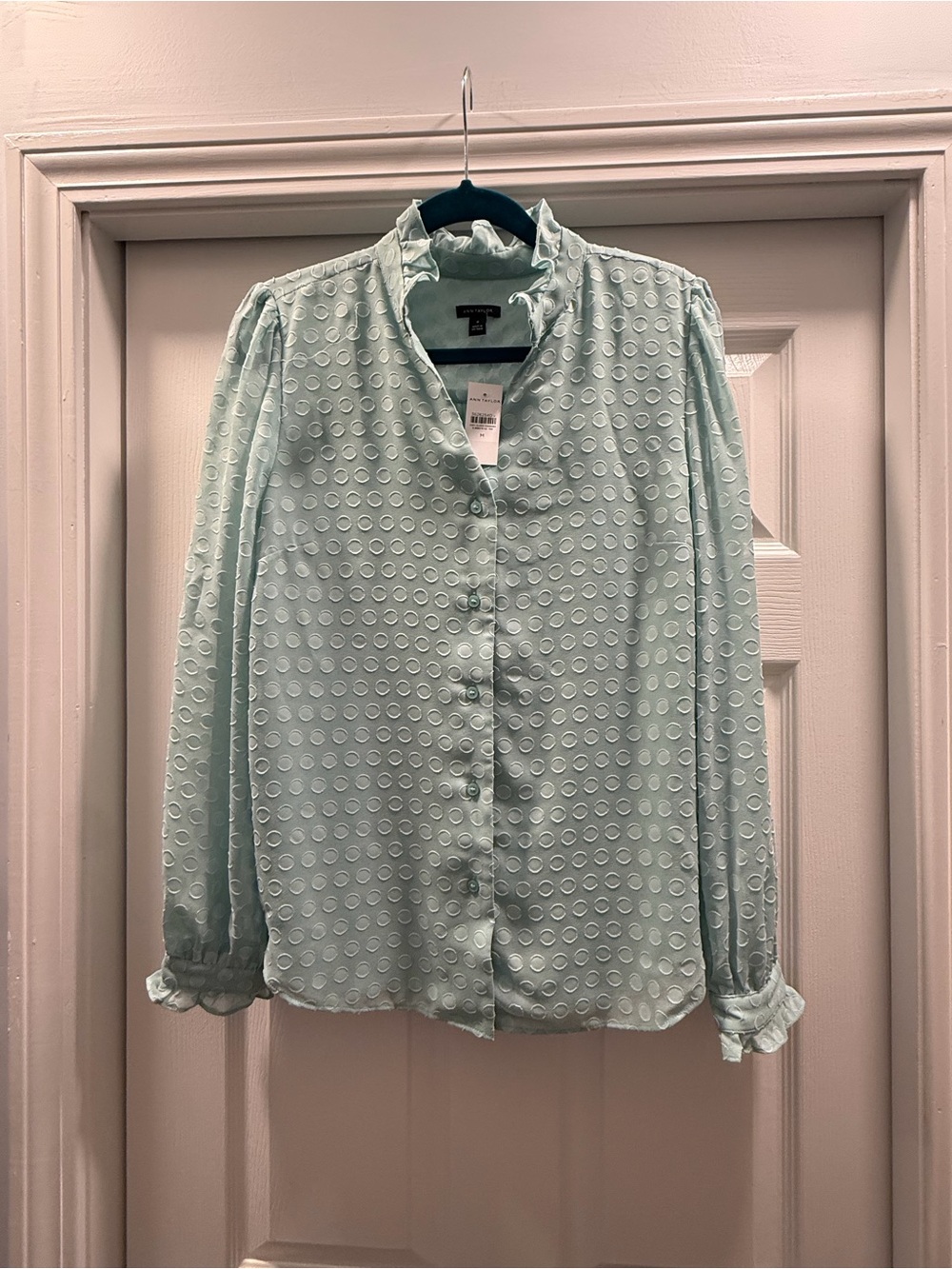 Ann Taylor Aqua Mint V-Neck Ruffled Long-Sleeve Spot Pattern Blouse - M